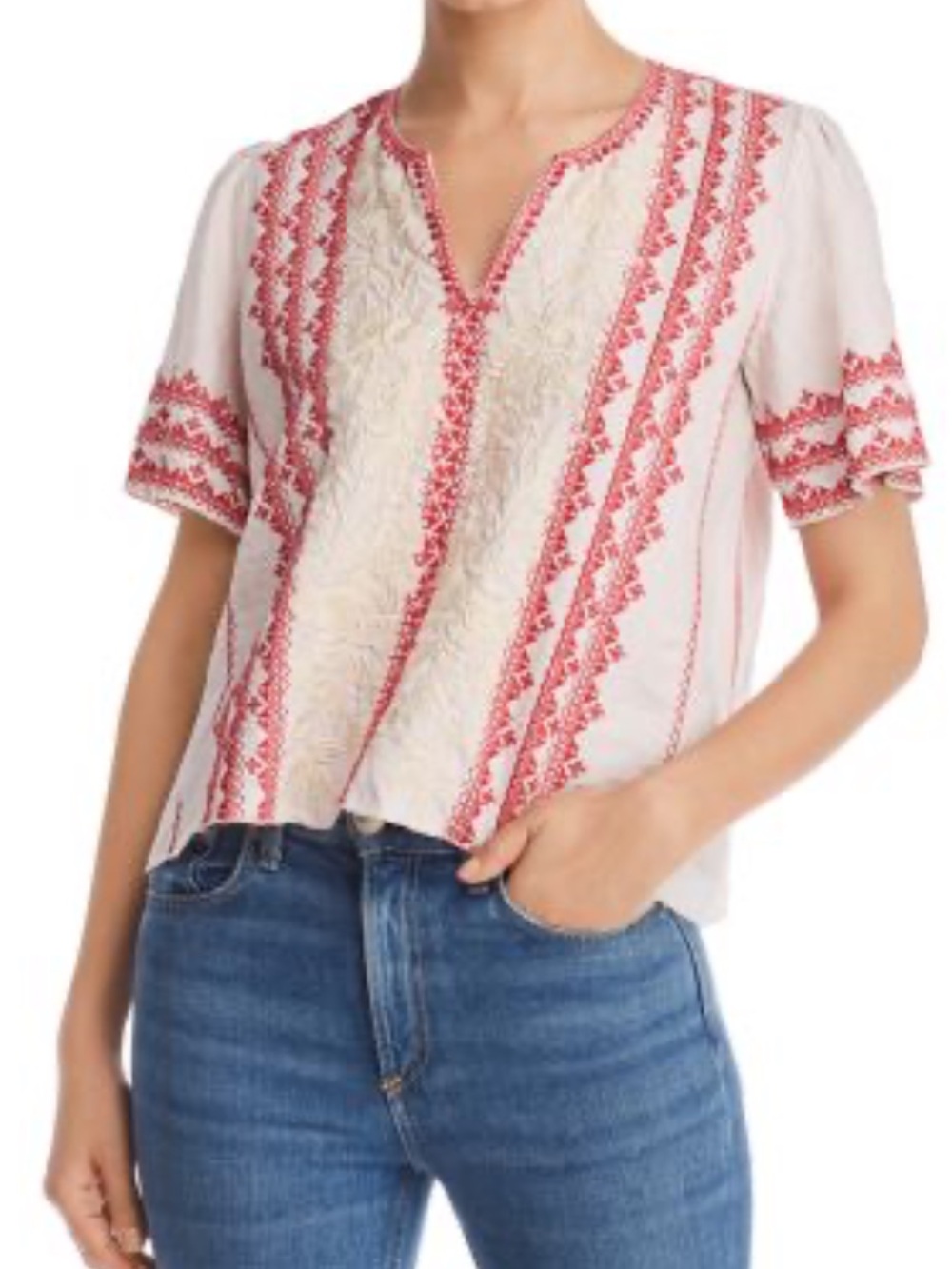 Johnny Was Camille Linen Red and Cream Embroidered  Blouse